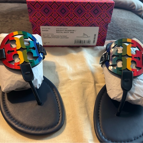 Tory Burch Bright Rainbow Miller Printed Patent Leather Sandals - Picture 3 of 6